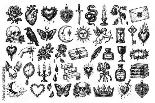 Dark romance vintage icon set. Hand drawn gothic symbols of love, roses, hearts, skulls and mystery.
