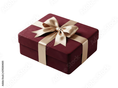 Elegant burgundy velvet gift box with a luxurious champagne gold satin ribbon bow, isolated on transparent background