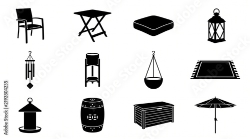 Balcony and Patio Object Silhouettes and Icons on Transparent Background