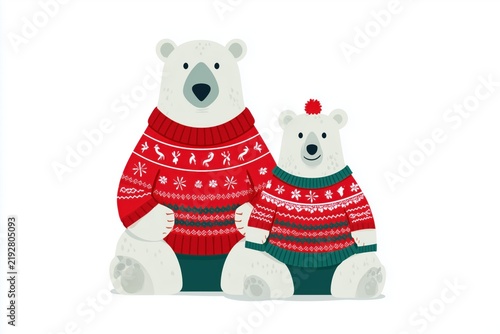 Cute cartoon polar bears with red scarves and holly crowns sitting on snow