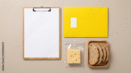 Food safety inspection concept with a clipboard, yellow folder, sealed cheese, and bread.