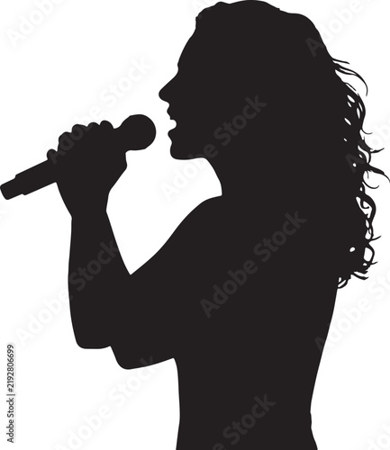 Woman Singing into Microphone Silhouette Vector Illustration, Female Pop Star Singing Silhouette for Music Design