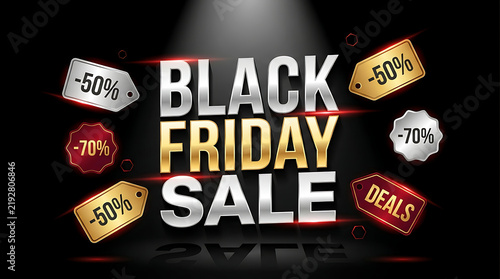 Black friday sale discount badges with percentage deals on dark stage background png, 4k, hd image