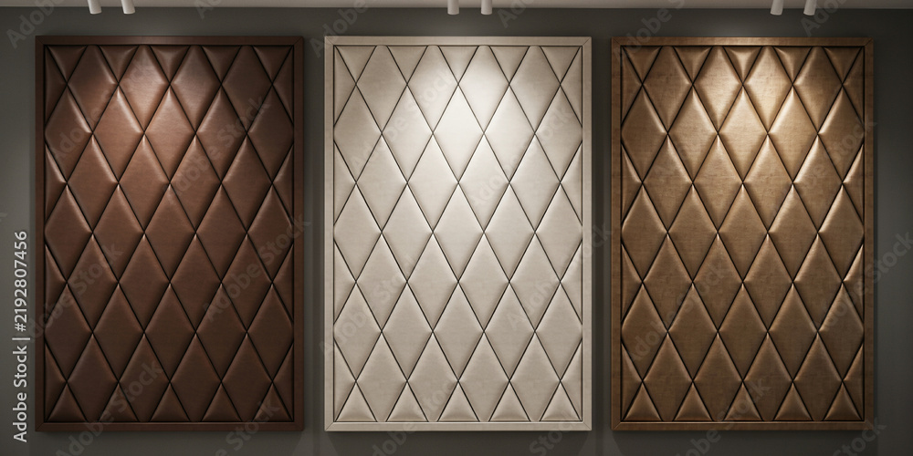 Fototapeta premium Three rectangular wall panels featuring diamond quilted leather upholstery in neutral tones