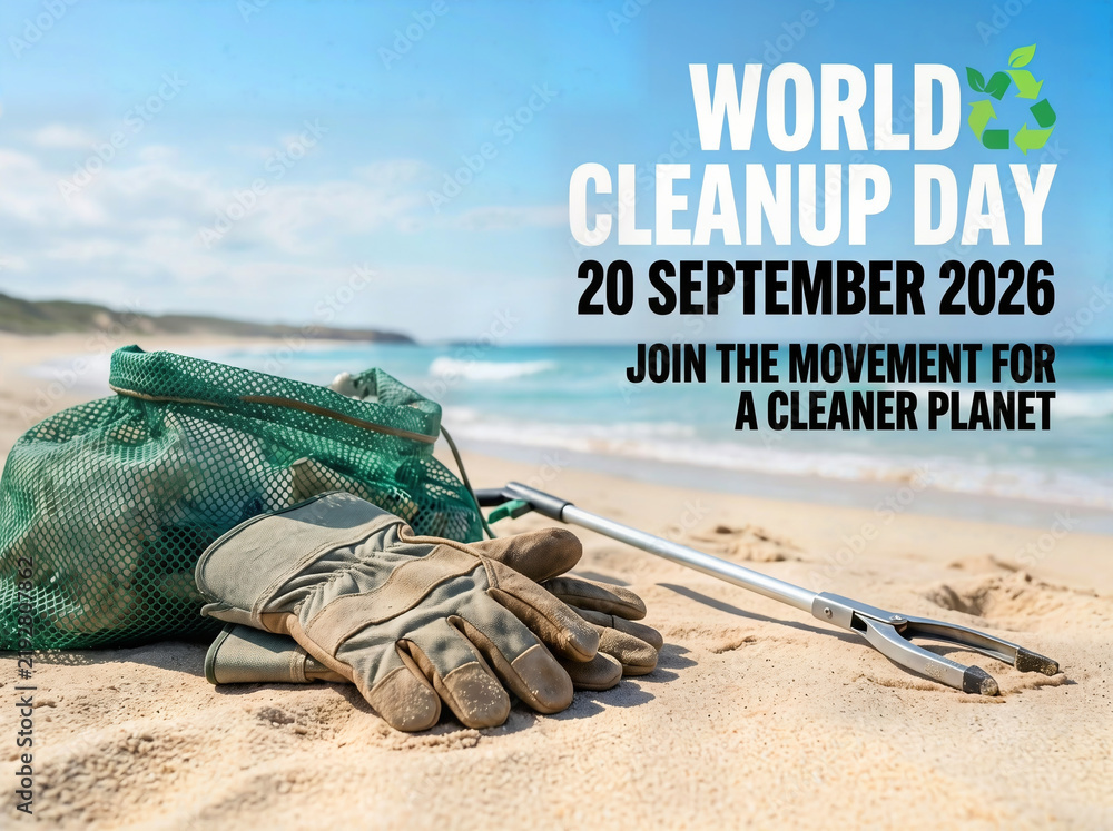 Obraz premium World Cleanup Day Poster with Global Action for a Cleaner Planet Text and Symbol Featuring Eco-Friendly Cleaning Tools, Gloves, and Green Vest