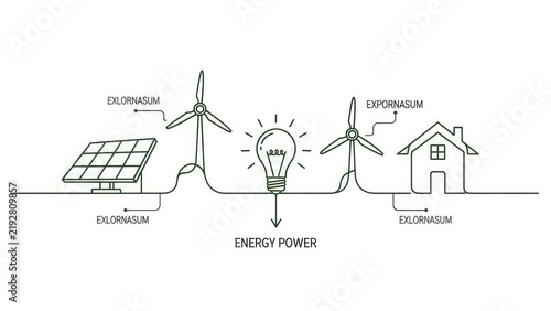 Illustrated Renewable Energy Sources Powering a House With Wind Turbines and Solar Panels