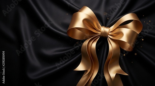 Elegant gold satin bow on a luxurious black silk background