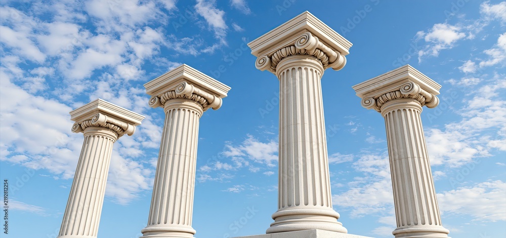 Obraz premium Historic Greek columns rise prominently beneath a clear sky, representing enduring legacy and classical architecture.