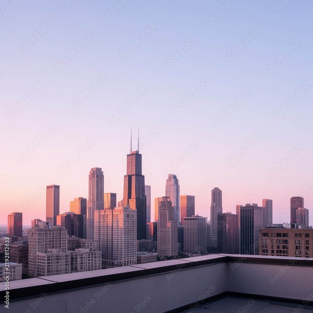 Fototapeta premium City skyline at sunset over high-rise buildings in Chicago