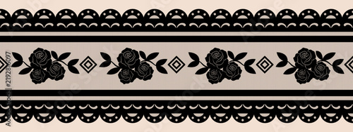 Seamless scallop lace border trim with ornate rose floral edge and vintage crochet pattern.