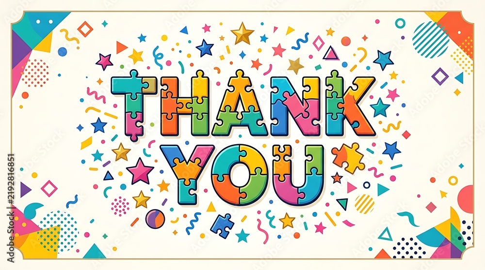 Fototapeta premium Colorful thank you text design made with puzzle pieces and decorative confetti shapes