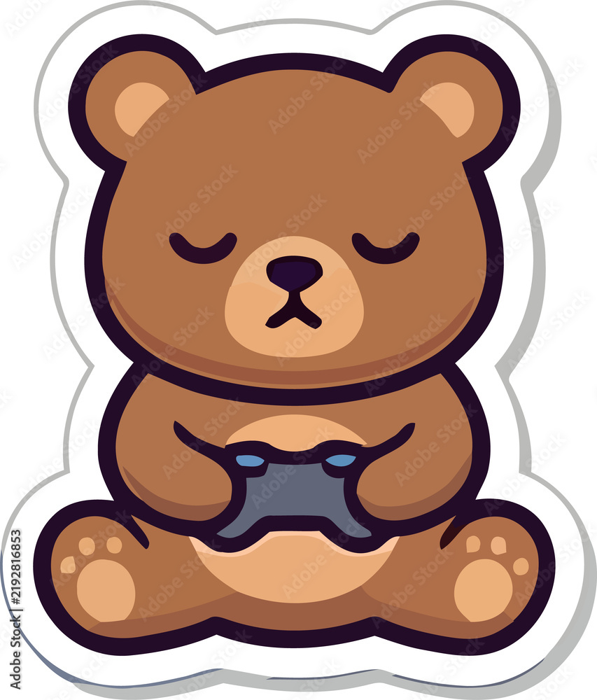 Fototapeta premium Cute cartoon bear cub engrossed in playing a video game with a controller