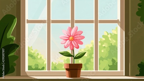 Pink flower in pot on sunny windowsill overlooking garden