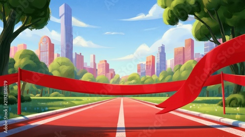 Red finish line ribbon across running track in city park