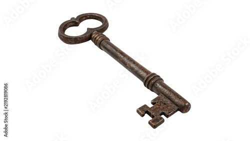 Single antique vintage rusty iron door skeleton key isolated on transparent background.