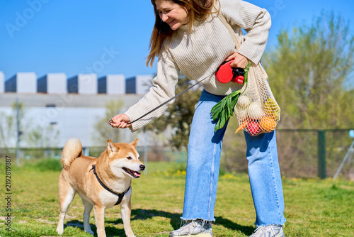 Mature woman walking shiba inu dog carrying groceries