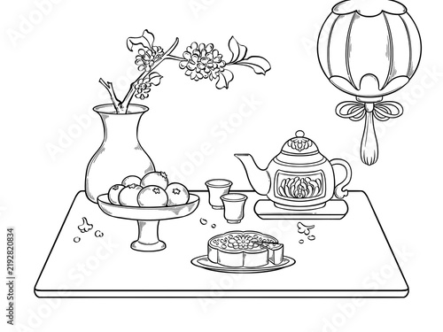 Mid-Autumn Festival illustration: delicious mooncake, osmanthus flowers and a lantern. Black and white, digital art.