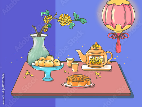 Mid-Autumn Festival illustration: delicious mooncake, osmanthus flowers and a lantern. Digital art.