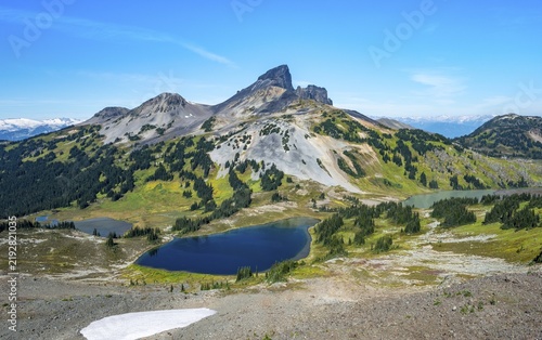 Blue lakes in front of Black Tusk volcanic mountain, Panorama Ridge, Garibaldi Provincial Park, British Columbia, Canada