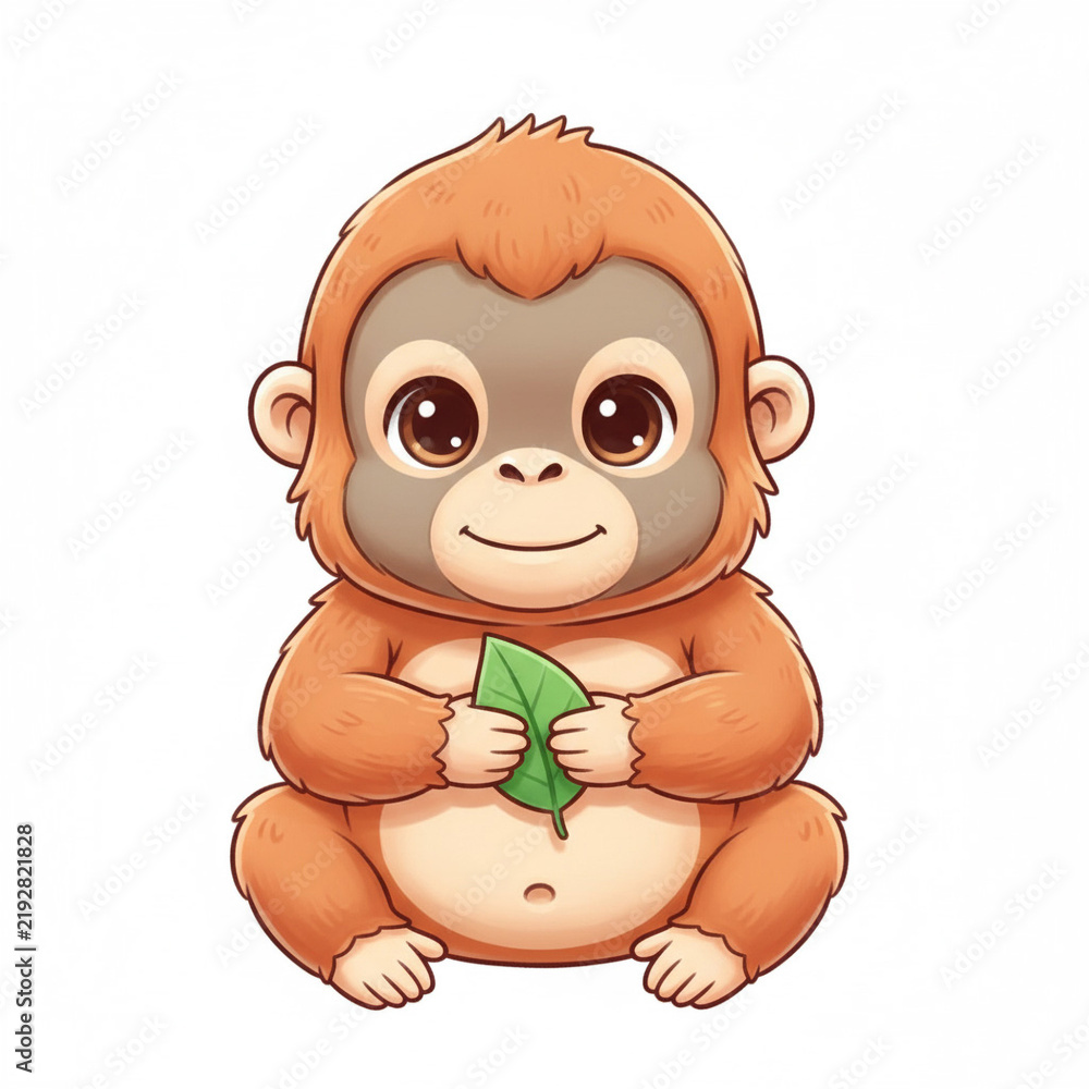 Obraz premium Adorable baby orangutan holding leaf
