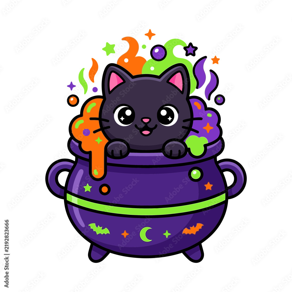 Fototapeta premium Cute black cat in halloween cauldron, magic potion, cartoon style
