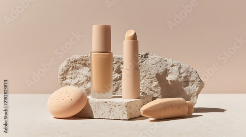 foundation bottle, concealer tube and makeup sponge packaging mockup on stone surface 