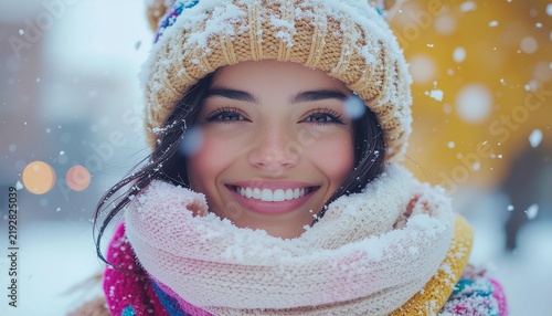 Happy woman smiling in the snow wearing a winter hat and scarf