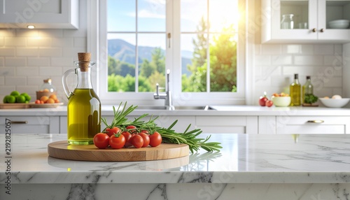 Olive oil bottle with fresh tomatoes and rosemary on kitchen counter