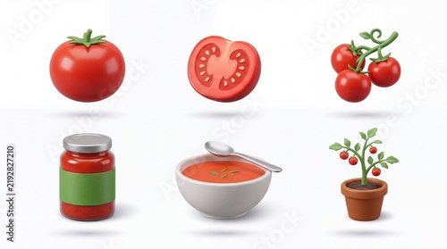 Fresh Red Tomato Vegetable Set with Soup and Tomato Plant on White Background