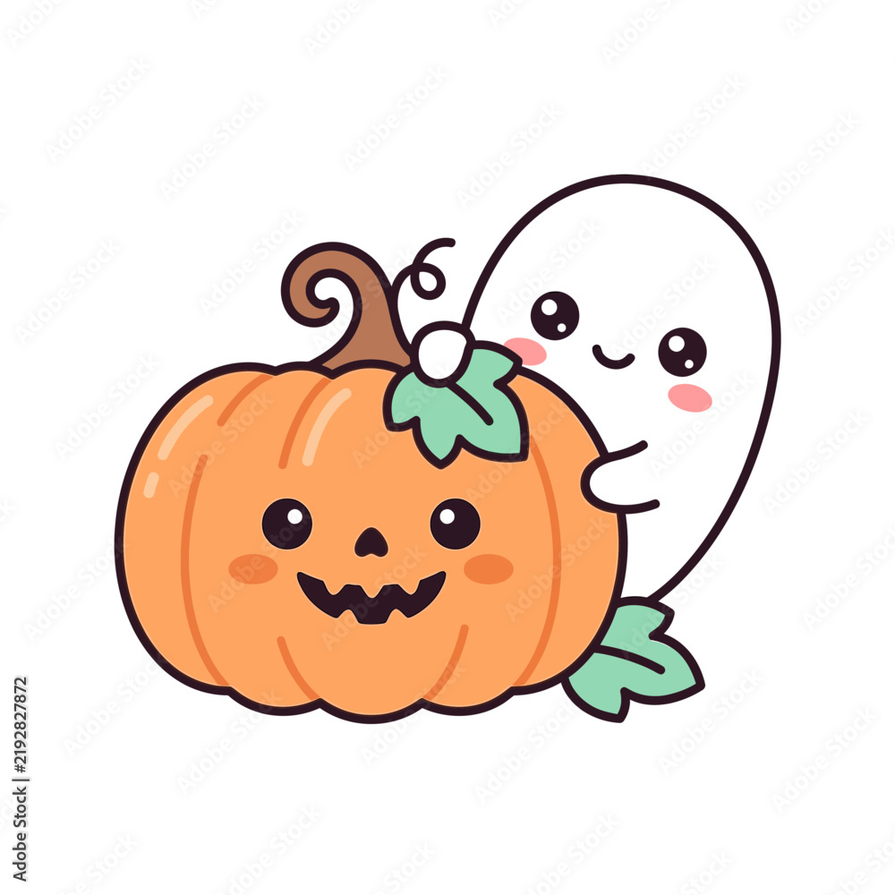 Obraz premium Cute ghost hugging a happy pumpkin, Halloween cartoon illustration