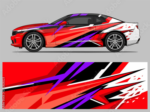 Red and purple abstract car wrap design on sports car.