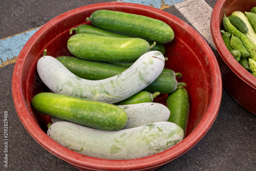 Принти на полотні Fresh green wax gourds covered in natural white powder rest inside a red basin at a Korean market