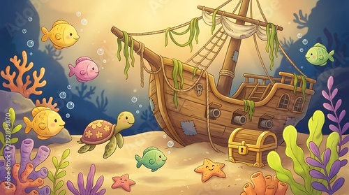 A whimsical underwater scene featuring a friendly sea turtle, colorful fish, and a sunken pirate ship with a treasure chest resting on the sandy ocean floor