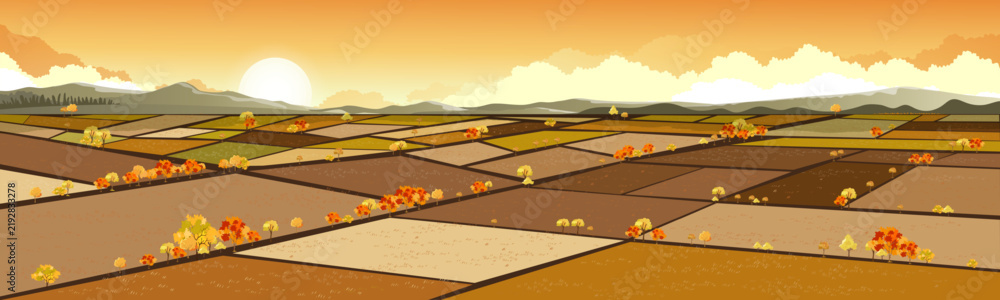 Obraz premium Autumn landscape background Sunset yellow sky,cloud with fall fields, colorful trees, Sunrise sky over countryside farmland,Panoramic seasonal nature scene with mountains for banner and harvest design