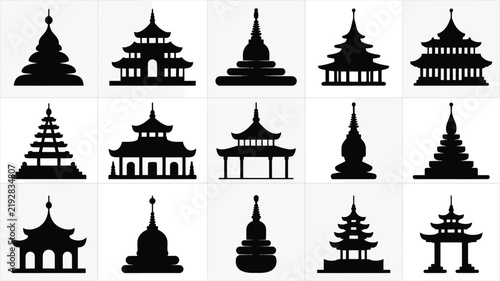 Foto Collection of stylized black silhouettes of diverse traditional temple structure