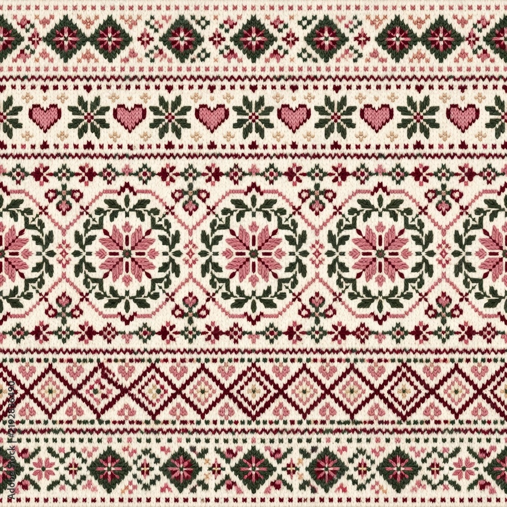 Obraz premium Scandinavian Fair Isle knitted pattern with seamless horizontal bands of hearts, snowflakes, and folk art florals in a cozy pink, green, and red festive colorway. Digital paper for Christmas textiles