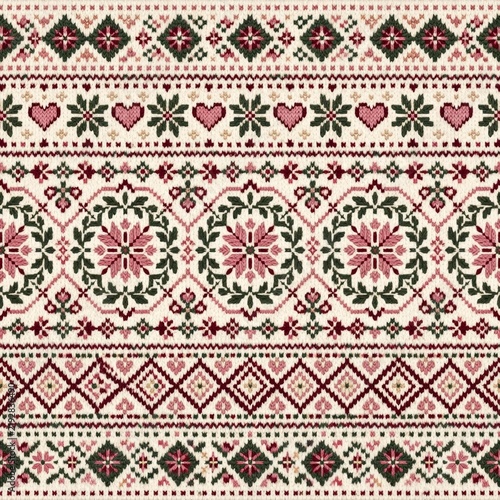 Scandinavian Fair Isle knitted pattern with seamless horizontal bands of hearts, snowflakes, and folk art florals in a cozy pink, green, and red festive colorway. Digital paper for Christmas textiles