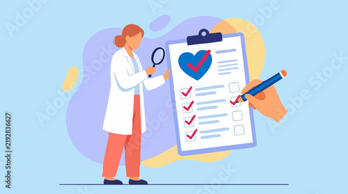 Doctor with magnifying glass examining health checklist on clipboard