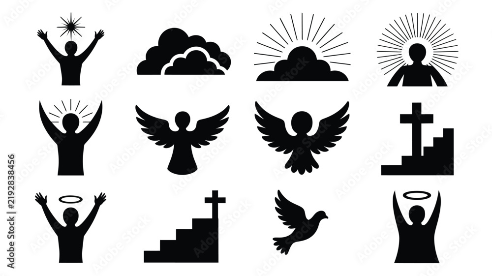 Fototapeta premium Religious symbols and figures with uplifted arms in black with Black white vector icons religious figures figures angels illustration religiousart celebration silhouette