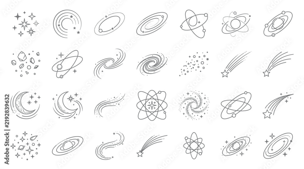 Obraz premium Cosmic Doodle Icons: Stars, Galaxies, and Atoms