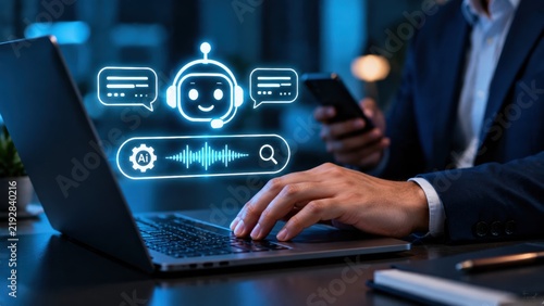 Businessman using a laptop with an artificial intelligence chatbot interface in a dark office with person uses