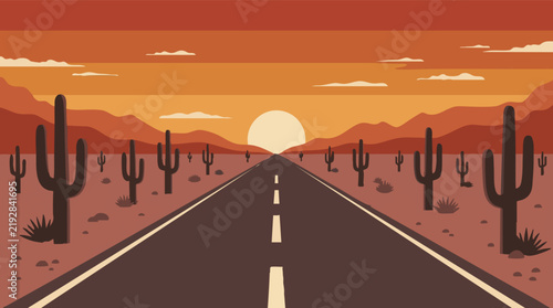 Long desert road leading to a vibrant sunset with saguaro cacti and mountains