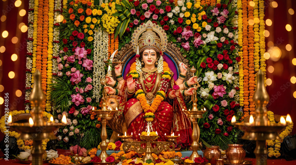 Obraz premium Goddess Durga idol dressed in a red saree is beautifully framed by vibrant floral decorations and glowing bokeh lights.