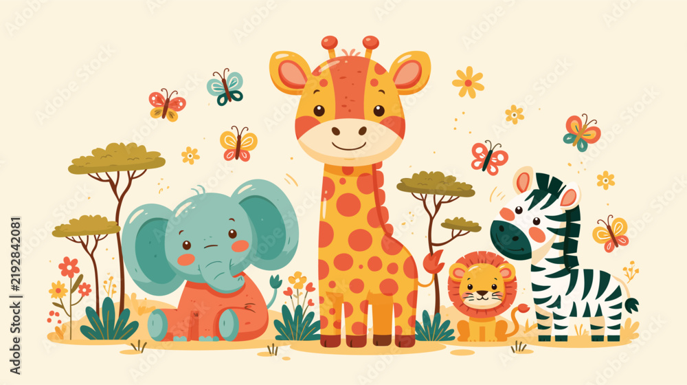 Obraz premium Cute Safari Animals Illustration with Baby Giraffe, Elephant, Zebra, Lion, and Acacia Trees in Savannah.