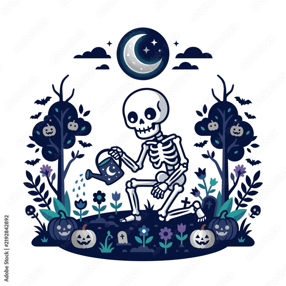 Obraz premium Skeleton watering plants in moonlit Halloween garden
