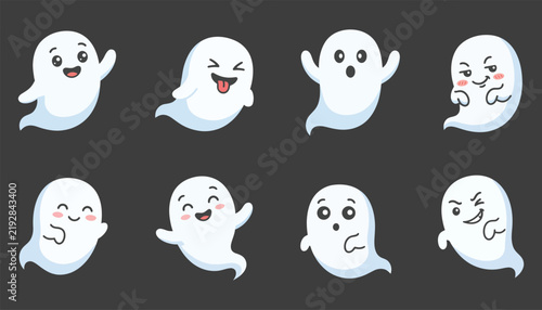 Set of cute cartoon ghosts with different emotions and expressions for halloween design