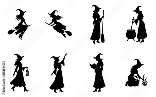 Halloween Witch Silhouette Clipart Set with Broomsticks, Cauldron, Lantern and Book
