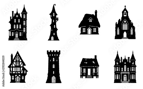 Halloween Haunted House Silhouette Clipart Set with Gothic Mansions, Crooked Towers and Cottages