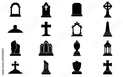 Cemetery Tombstone and Memorial Silhouette Set with Crosses, Urn and Gothic Grave Markers