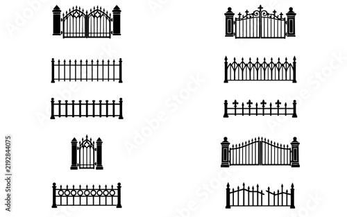 Ornamental Gothic Gate and Fence Silhouette Set with Ironwork Patterns and Decorative Finials